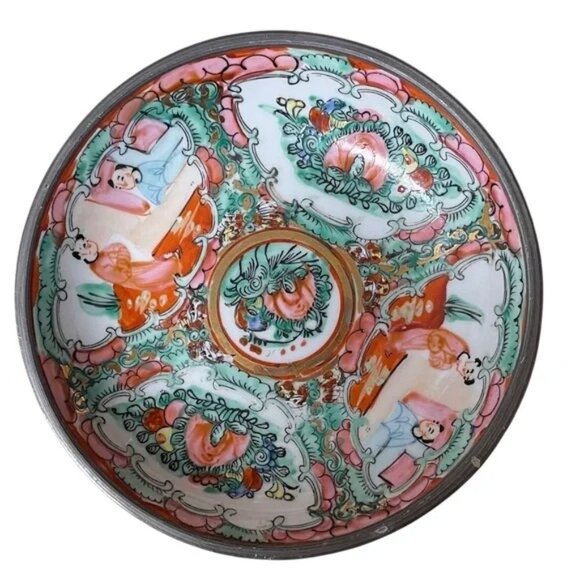 Vtg FAMILLE ROSE MEDALLION Decorative Porcelain Bowl encased in pewter JAPAN EUC - Picture 1 of 14